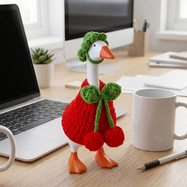 7 Inch Desk Goose Outfits Cherry, Handmade Knit Costume 2 PCs with Hat & Dress for Desktop Goose Statue Clothes Accessories Decor Gift