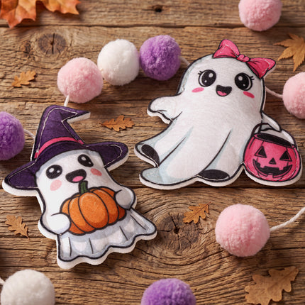 FLAIR GIFTS 2-Pack Halloween Ghost Felt Garland, 8ft 3D Cute Ghost Banner with Pom Poms, Pre-Strung Pastel Pink & Purple Halloween Decorations for Home, Fireplace Mantel, Classroom, Party Décor
