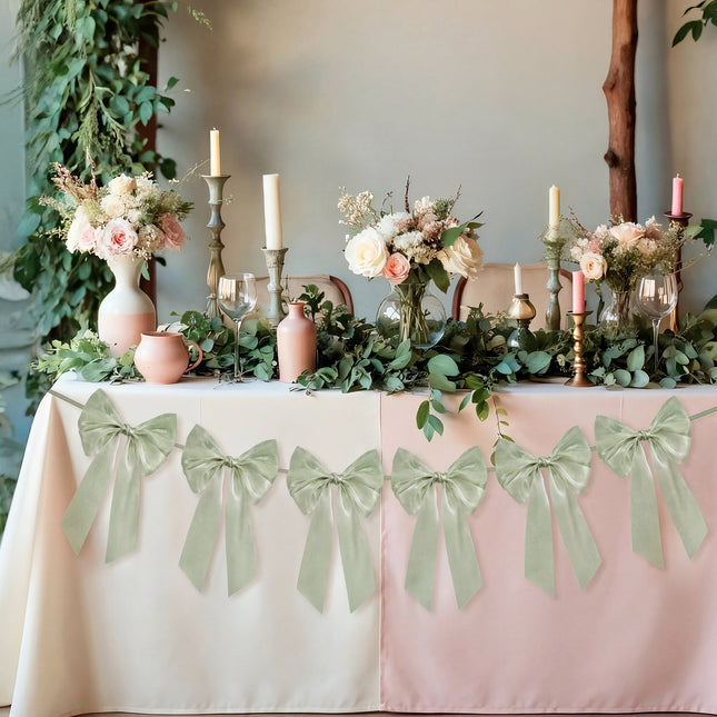 FLAIR GIFTS 1-String 6.5ft Sage Green Bows Garland Banner, 6 Pcs Pre-Strung Bow Party Decorations for Birthday, Bachelorette Party, Girly Pink Party Supplies, Baby Shower, Bridal Shower