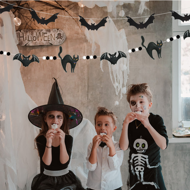 FLAIR GIFTS 2-Pack Halloween Felt Bat & Black Cat Garland, Pre-Strung 8ft 3D Stuffed Bat Banners with Pom Poms, Reusable Spooky Mantle Decor for Home, Office, Classroom Party Supplies
