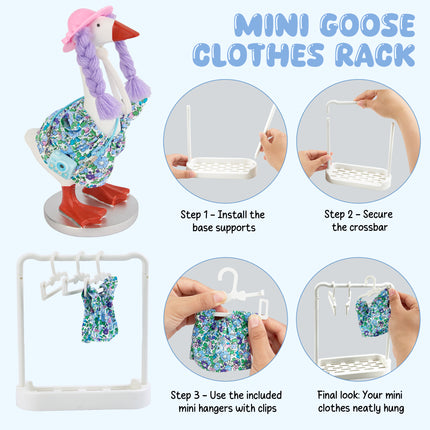 FLAIR GIFTS 4 Sets 7 Inch Desk Goose Outfits, Cute Dress with Braided Wig Hat, Mini Handbag & Hanger Stand for Desktop Goose Statue Clothes Accessories Decor