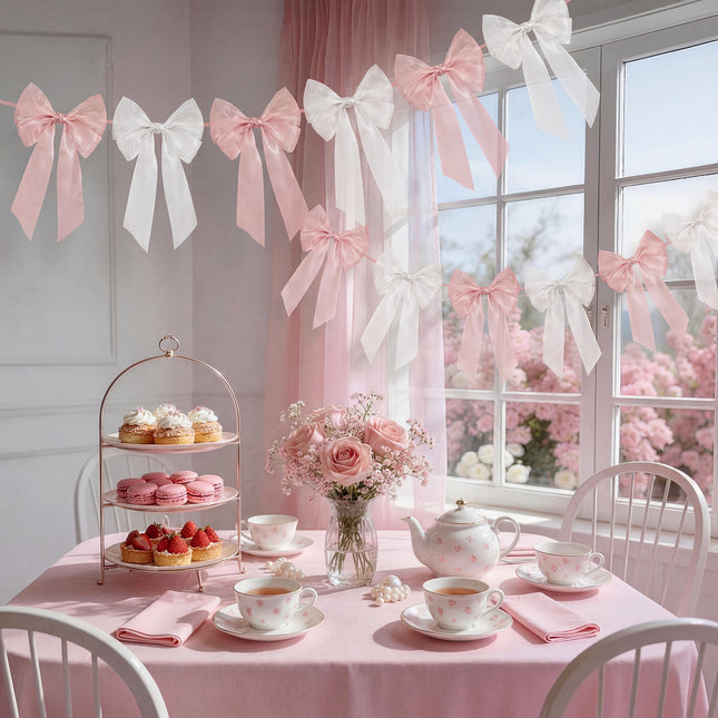 FLAIR GIFTS 1-String 6.5ft Pink & White Bows Garland Banner, 6 Pcs Pre-Strung Bow Party Decorations for Coquette Birthday, Bachelorette Party, Girly Pink Party Supplies, Baby Shower, Bridal Shower