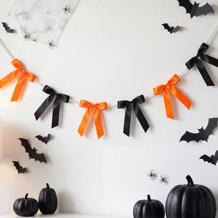 FLAIR GIFTS 2 Strings Halloween Bow Garland Banner, 6.5ft Pearl Chain Pre-Strung 6 Satin Ribbon for Gothic Coquette Decor, Spooky One Birthday, Orange and Black Party Garland & Mantle Backdrop