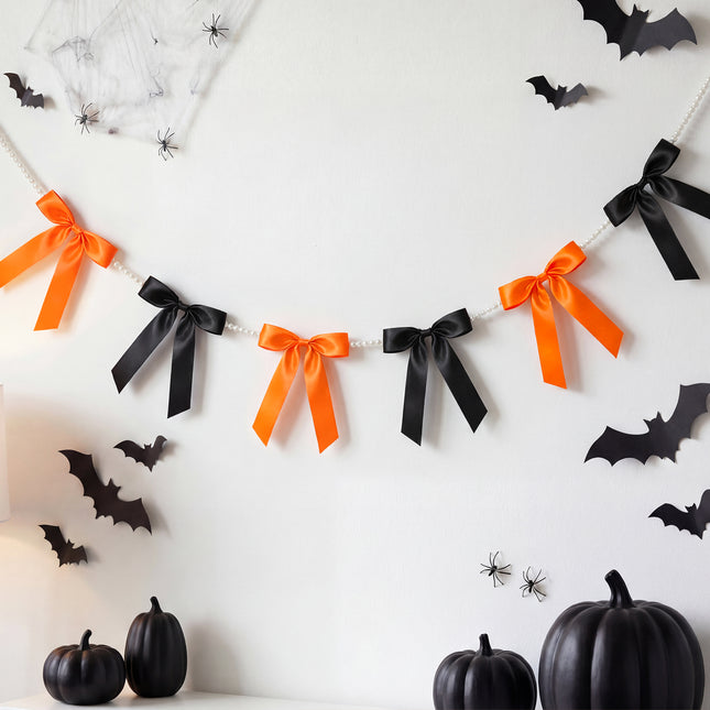 FLAIR GIFTS 2 Strings Halloween Bow Garland Banner, 6.5ft Pearl Chain Pre-Strung 6 Satin Ribbon for Gothic Coquette Decor, Spooky One Birthday, Orange and Black Party Garland & Mantle Backdrop