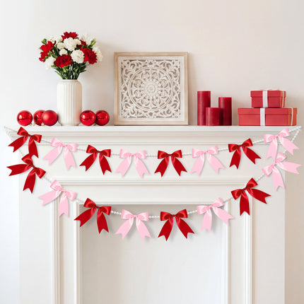 FLAIR GIFTS 2 Strings Red & Pink Bow Garland Banner, Pre-Strung Satin Ribbon with 6.5ft Pearl Chain for Bridal Shower, Bachelorette Party, Birthday, Baby Shower, Engagement, Anniversary Decor