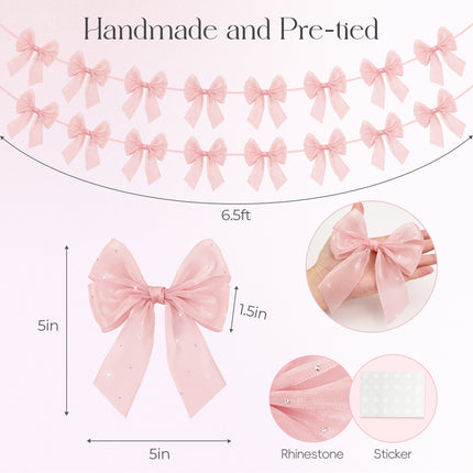 FLAIR GIFTS 2-String 6.5ft Pink Bows Garland Banner, Pre-Strung Bow with Sparkly Rhinestone Decor for Coquette Birthday, Bachelorette Party, Girly Pink Party Supplies, Baby Shower, Bridal Shower