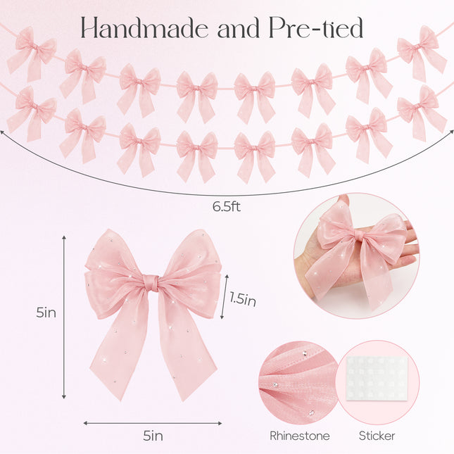 FLAIR GIFTS 2-String 6.5ft Pink Bows Garland Banner, Pre-Strung Bow with Sparkly Rhinestone Decor for Coquette Birthday, Bachelorette Party, Girly Pink Party Supplies, Baby Shower, Bridal Shower