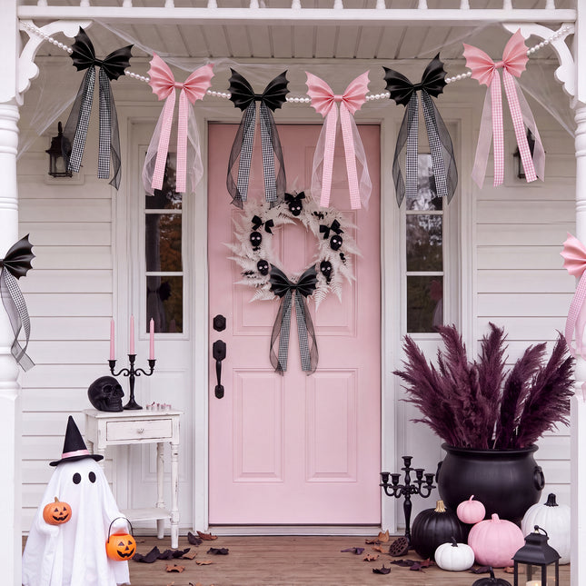 FLAIR GIFTS 6.5ft Halloween Bat Bow Pearl Garland, Black & Pink Decor