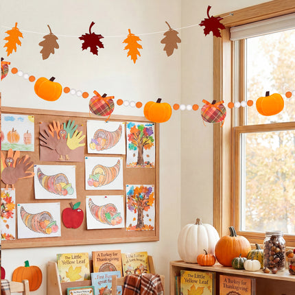 FLAIR GIFTS 2-Pack Fall Felt Garland, 8ft 3D Stuffed Pumpkin & Maple Leaves Banner with Pom Poms, Pre-Strung Autumn Bunting for Thanksgiving Mantel, Farmhouse Halloween Decor, Harvest Party Supplies