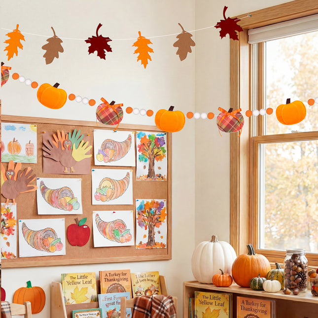 FLAIR GIFTS 2-Pack Fall Felt Garland, 8ft 3D Stuffed Pumpkin & Maple Leaves Banner with Pom Poms, Pre-Strung Autumn Bunting for Thanksgiving Mantel, Farmhouse Halloween Decor, Harvest Party Supplies