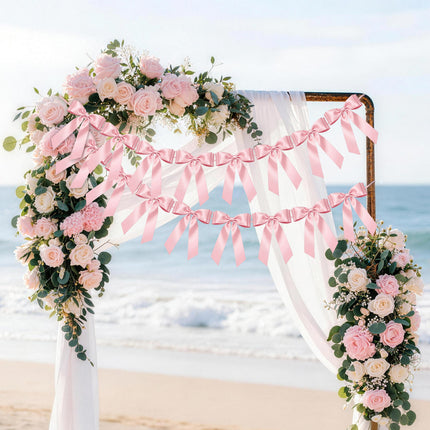 FLAIR GIFTS 2 Strings Pink Bow Garland Banner, Pre-Strung Satin Ribbon with 6.5ft Pearl Chain for Coquette Birthday, Bridal Shower, Party, Baby Shower, Engagement, Graduation & Anniversary Decor