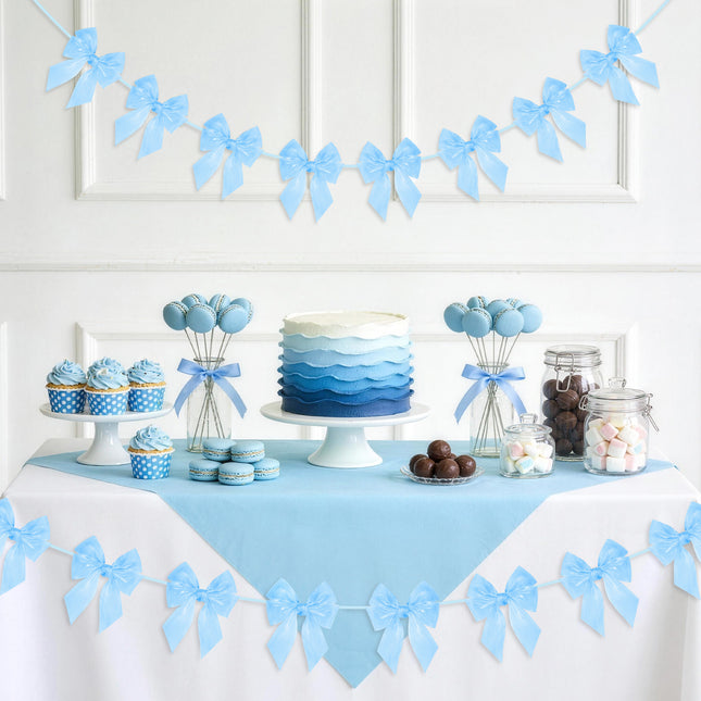 FLAIR GIFTS 2-String 6.5ft Blue Bows Garland Banner, 16 Pcs Pre-Strung Bows Party Decorations for Baby Shower, Birthday, Bridal Shower, Bachelorette Party, Tea Party Supplies