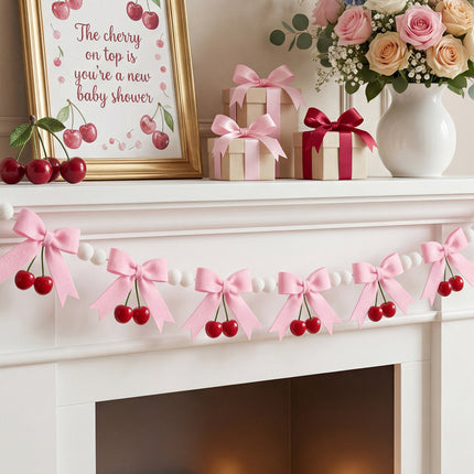 Flair Gifts 2-Pack 8ft Pink Cherry Bow Felt Garland, Coquette Aesthetic Nursery Decor, Handmade Wool Banner for Girls First Birthday, Baby Shower, Spring Party Decorations, Mantel Wall Hanging