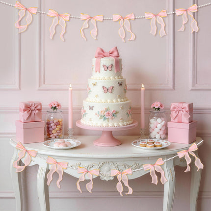 FLAIR GIFTS 2 Strings Pink Bow Garland Banner, Pre-Strung Fish-Tail Organza Ribbon with 6.5ft Pearl Chain for Coquette Birthday, Bachelorette Party, Baby Shower, Engagement, Anniversary Decor