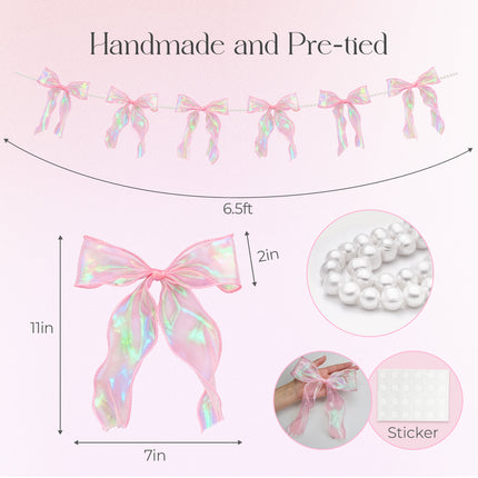 FLAIR GIFTS 2 Strings Iridescent Pink Bow Garland Banner, Pre-Strung Fish-Tail Organza Ribbon with 6.5ft Pearl Chain for Coquette Birthday, Bridal Shower, Baby Shower, Engagement, Anniversary Decor