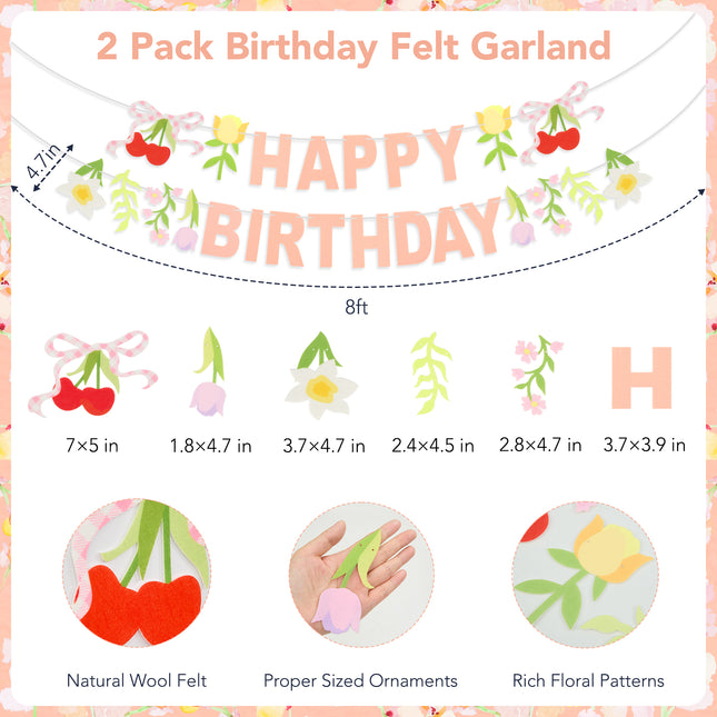 FLAIR GIFTS 2-Pack Happy Birthday Flower Felt Garland, 8ft Pre-Strung Floral Birthday Banner with Cherries & Blossoms, Reusable Pink Bunting for Garden Party, Nursery, Cottagecore Girls Birthday Decor
