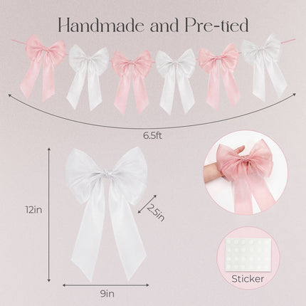 FLAIR GIFTS 1-String 6.5ft Pink & White Bows Garland Banner, 6 Pcs Pre-Strung Bow Party Decorations for Coquette Birthday, Bachelorette Party, Girly Pink Party Supplies, Baby Shower, Bridal Shower