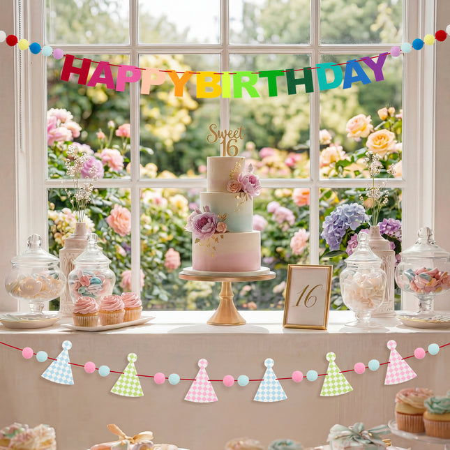FLAIR GIFTS 2-Pack Happy Birthday Felt Garland with Pom Poms & Birthday Hats, 8ft Pre-Strung Reusable Colorful Felt Banner, Cute Pastel Bunting for Kids Party Decorations Backdrop