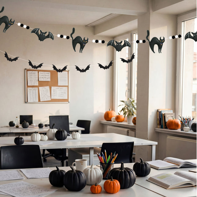 FLAIR GIFTS 2-Pack Halloween Felt Bat & Black Cat Garland, Pre-Strung 8ft 3D Stuffed Bat Banners with Pom Poms, Reusable Spooky Mantle Decor for Home, Office, Classroom Party Supplies