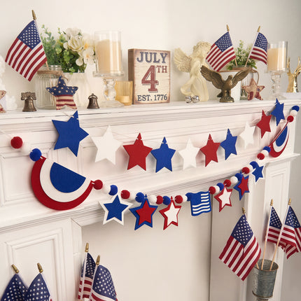 Flair Gifts 2 Pack 4th of July Garland, 6.5ft Felt Patriotic Star Garland for Mantel w/Red White Blue Pom Pom Flag Banner Decor for 250th Anniversary Independence Day Veterans Memorial Party