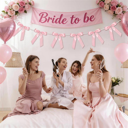 2 Strings Pink Bow Garland Banner, Pre-Strung Satin Ribbon with 6.5ft Pearl Chain for Coquette Birthday, Bridal Shower, Bachelorette Party, Baby Shower, Engagement, Graduation & Anniversary Decor