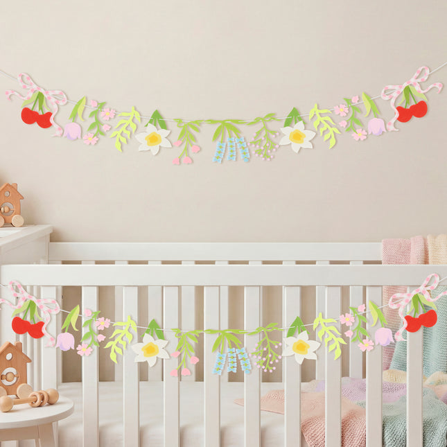 FLAIR GIFTS 2-Pack Wildflower Felt Garland, 8ft Colorful Floral Banner with Lavender & Daisy, Pre-Strung Cherry Blossom Bunting with Bows, Cottagecore Nursery Decor & Garden Party Supplies