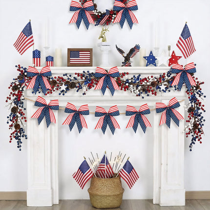 4th of July Decoration, 12 Pcs Patriotic Burlap Bows 6x6 Inch, Memorial Day Decorations Bows with Burlap Strip, Fourth of July Garland for Independence Day, Firepalce Wreath 250th Anniversary Decor