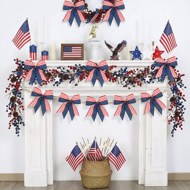 4th of July Decoration, 12 Pcs Patriotic Burlap Bows 6x6 Inch, Memorial Day Decorations Bows with Burlap Strip, Fourth of July Garland for Independence Day, Firepalce Wreath 250th Anniversary Decor
