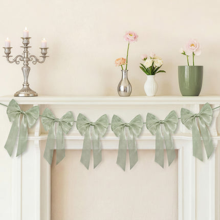 FLAIR GIFTS 1-String 6.5ft Sage Green Bows Garland Banner, 6 Pcs Pre-Strung Bow Party Decorations for Birthday, Bachelorette Party, Girly Pink Party Supplies, Baby Shower, Bridal Shower