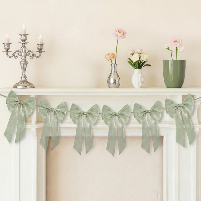 FLAIR GIFTS 1-String 6.5ft Sage Green Bows Garland Banner, 6 Pcs Pre-Strung Bow Party Decorations for Birthday, Bachelorette Party, Girly Pink Party Supplies, Baby Shower, Bridal Shower