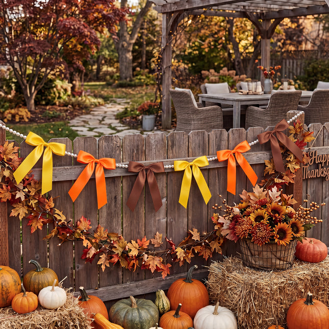 FLAIR GIFTS 2 Strings Fall Bow Garland Banner, 6.5ft Pearl Chain Pre-Strung 6 Satin Ribbon for Autumn Decor, Thanksgiving, Friendsgiving, Pumpkin Patch Party, Vintage Harvest Mantle Backdrop