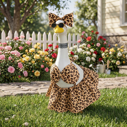 FLAIR GIFTS Porch Goose Robe Outfit Set for 23 Inch Goose Statue, Leopard Flannel Bathrobe with Wig Curlers Coffee Cup Donut Glasses, Funny Cozy Goose Clothes Decor (Leopard)