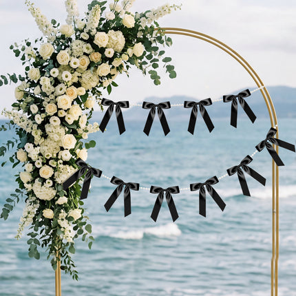 FLAIR GIFTS 2 Strings Black Bow Garland Banner, 6.5ft Pearl Chain Pre-Strung Satin Ribbon for Halloween Gothic Decor, Death to My 20s Birthday, Bachelorette, Black Tie Party & Modern Wedding Backdrop