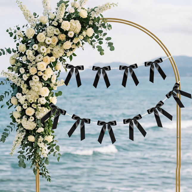 FLAIR GIFTS 2 Strings Black Bow Garland Banner, 6.5ft Pearl Chain Pre-Strung Satin Ribbon for Halloween Gothic Decor, Death to My 20s Birthday, Bachelorette, Black Tie Party & Modern Wedding Backdrop