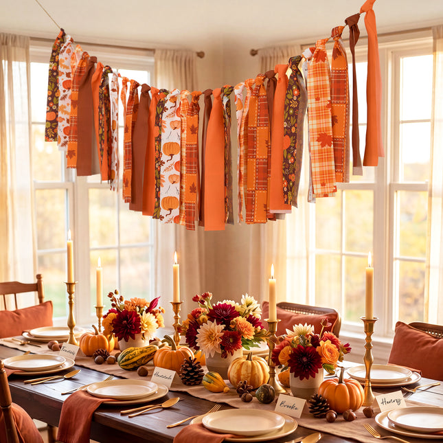 Fall Tassel Garland Vintage Plaid Pumpkin Harvest Decor 6.5 Ft Banner