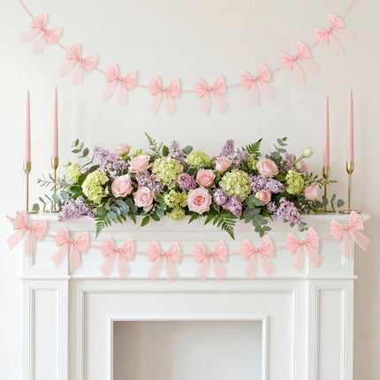 FLAIR GIFTS 2-String 6.5ft Pink Bows Garland Banner, Pre-Strung Bow with Sparkly Rhinestone Decor for Coquette Birthday, Bachelorette Party, Girly Pink Party Supplies, Baby Shower, Bridal Shower
