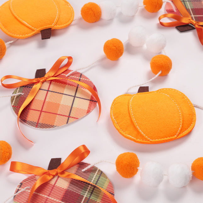 FLAIR GIFTS 2-Pack Fall Felt Garland, 8ft 3D Stuffed Pumpkin & Maple Leaves Banner with Pom Poms, Pre-Strung Autumn Bunting for Thanksgiving Mantel, Farmhouse Halloween Decor, Harvest Party Supplies