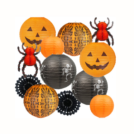 Black Orange Halloween Decoration Set Spider Honeycomb Pumpkin Face Lanterns