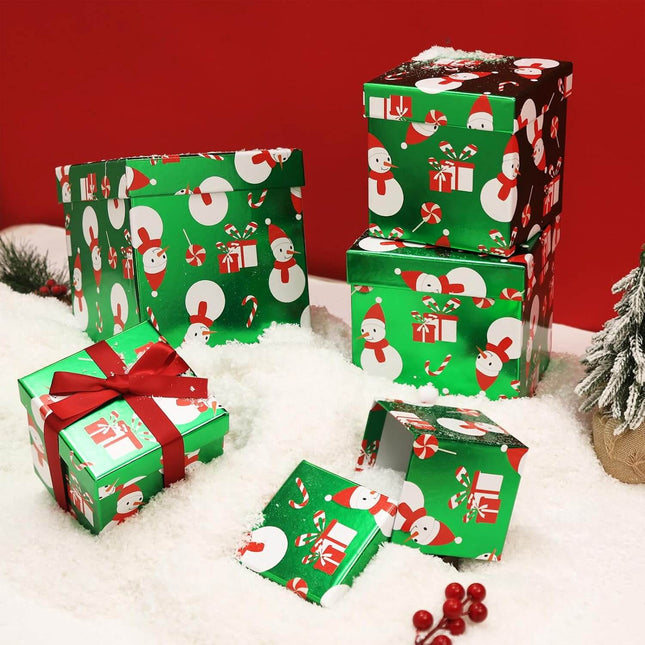 Candy Cane Snowman Metallic Green Red Christmas Nesting Gift Box, Set of 5