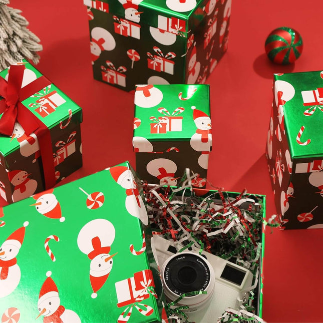 Candy Cane Snowman Metallic Green Red Christmas Nesting Gift Box, Set of 5