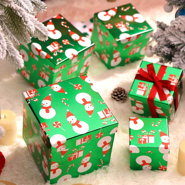 Candy Cane Snowman Metallic Green Red Christmas Nesting Gift Box, Set of 5