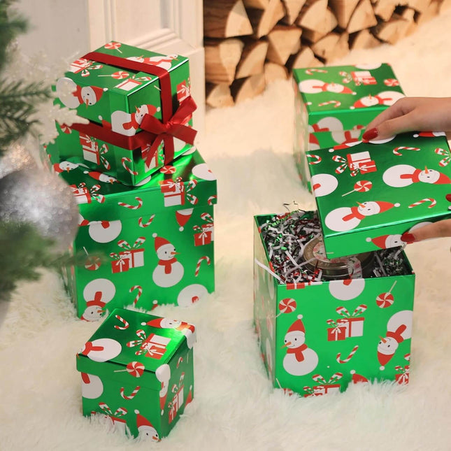 Candy Cane Snowman Metallic Green Red Christmas Nesting Gift Box, Set of 5