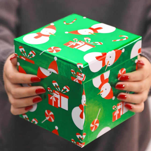 Candy Cane Snowman Metallic Green Red Christmas Nesting Gift Box, Set of 5