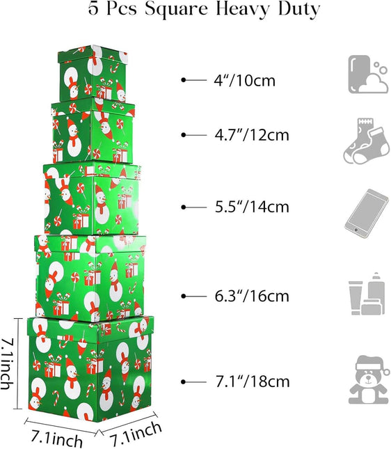 Candy Cane Snowman Metallic Green Red Christmas Nesting Gift Box, Set of 5