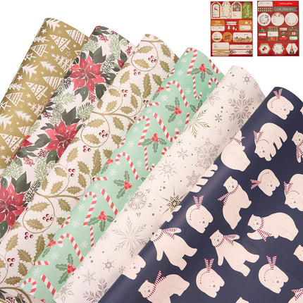 Christmas Polar Bears Precut Wrapping Sheets Set Flat Bulk Gift Wrap Paper with 2 Stickers, Pack of 12 (Copy)