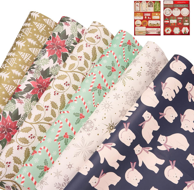 Christmas Polar Bears Precut Wrapping Sheets Set Flat Bulk Gift Wrap Paper with 2 Stickers, Pack of 12 (Copy)
