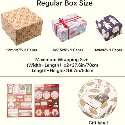 Christmas Polar Bears Precut Wrapping Sheets Set Flat Bulk Gift Wrap Paper with 2 Stickers, Pack of 12 (Copy)