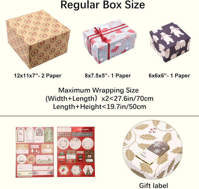 Christmas Polar Bears Precut Wrapping Sheets Set Flat Bulk Gift Wrap Paper with 2 Stickers, Pack of 12 (Copy)