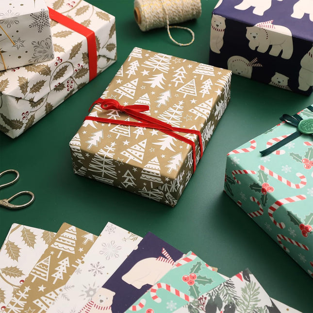 Christmas Polar Bears Precut Wrapping Sheets Set Flat Bulk Gift Wrap Paper with 2 Stickers, Pack of 12 (Copy)