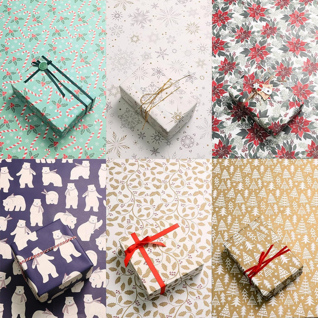 Christmas Polar Bears Precut Wrapping Sheets Set Flat Bulk Gift Wrap Paper with 2 Stickers, Pack of 12 (Copy)
